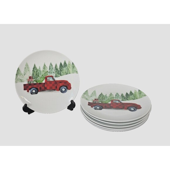 NWT Robert Stanley Red Truck Christmas Tree Salad Plates 8 3/8” - Picture 1 of 3